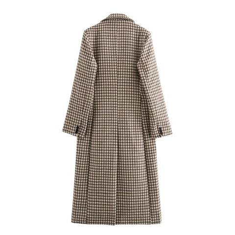 Dames Lange Houndstooth Jas Vintage Wollen Tweed Overjas Met Gouddraad Revers Knoopsluiting Zakken