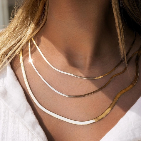 Women Vintage Alloy Herringbone Snake Chain Necklace Gold Silver Color Minimalist Flat Metal Choker Necklaces For Jewelry Gift