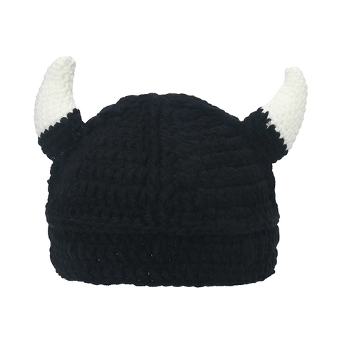 Funny Ox Horn Knitted Beanie Warm Acrylic Handmade Crochet Viking Style Hip Hop Streetwear Hat For Men Women