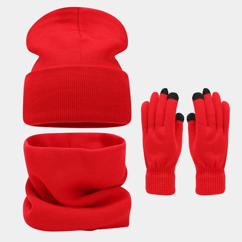 Gorro De Invierno Calentador De Cuello Y Guantes Táctiles Acrílico Tejido Color Sólido Cálido Exterior Para Hombres Mujeres