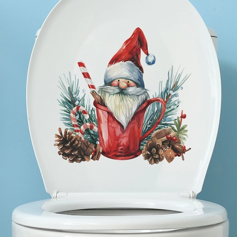 Autocollant Couvercle Toilettes Père Noël Noël PVC Amovible Décoration Murale Salle De Bains Festive Aquarelle