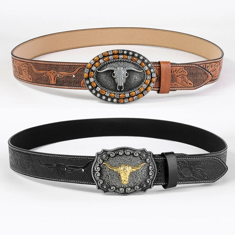 Western Cowboy Belt PU Leather Embossed Bull Head Pattern Large Alloy Plate Buckle Vintage Punk Style Accessories For Men