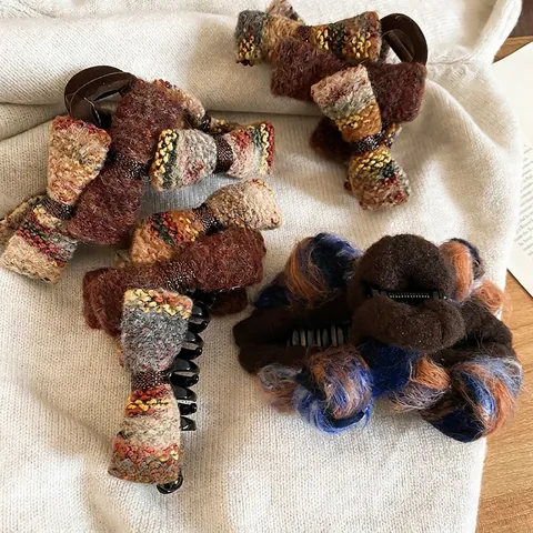 Molletta Per Capelli Fiocco Vintage Acrilico Floccato Tweed Autunno Inverno Retro Accessori Capelli Donna