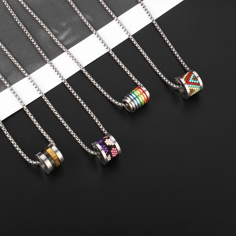 Cylindrical Pendant Necklace Titanium Steel Roman Numerals Colorful Glass Rice Beads Rainbow Enamel Trendy Jewelry Unisex