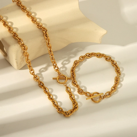 Juego De Joyas De Acero Inoxidable Collar Pulsera Tobillera De Cadena Gruesa Con Cierre De Palanca OT De Moda Chapado En Oro
