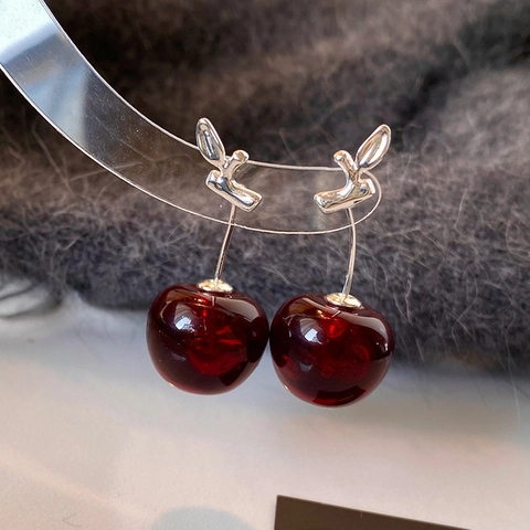 Orecchini Pendenti Ciliegia Resina Forma Frutto Rosso Con Perno Argento Gioielli Moda Dolce Elegante Per Donna
