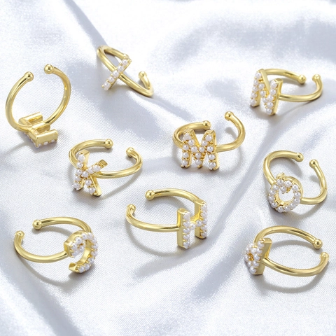 Eleganter Kupfer Offener Ring Mit Buchstaben Alphabet Für Damen Luxus Künstliche Perle Eingelegt Verstellbarer Gold Silber Plattierter Ring