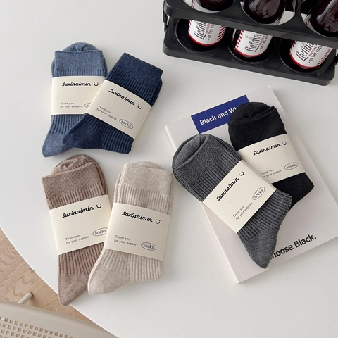 Men Mid Calf Socks Solid Color Cotton Ribbed Breathable Casual Business Lightweight Comfortable Long Dress Socks