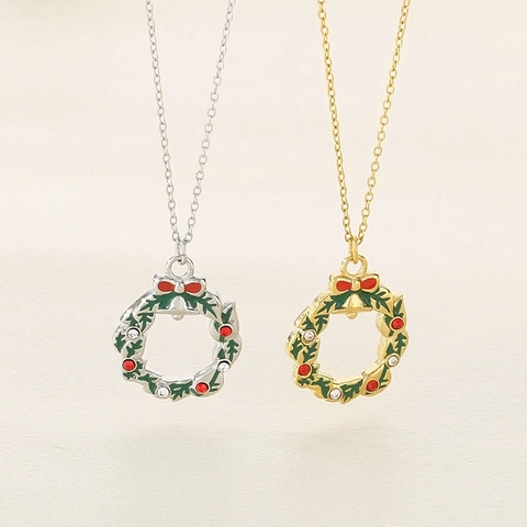 Collar Colgante Corona De Navidad Acero Inoxidable Esmalte Lazo Campana Strass Joyas De Vacaciones Regalo Para Mujeres