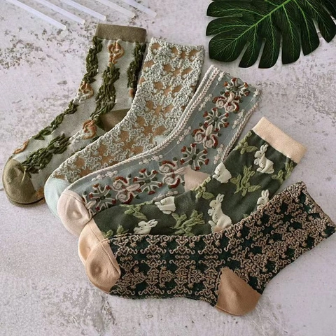 Women Crew Socks Retro Mori Style 3D Relief Embossed Floral Rabbit Pattern Breathable Cotton Blend Casual Hosiery