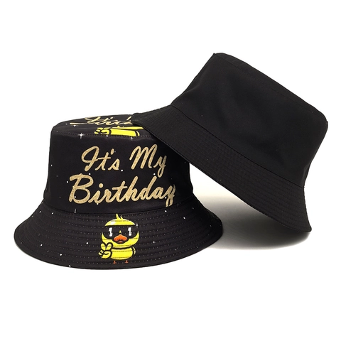 It's My Birthday Anglerhut Gold Glitzer Brief Gelbe Cartoon Ente Druck Polyester Sonnenschutz Kopfbedeckung Outdoor Party