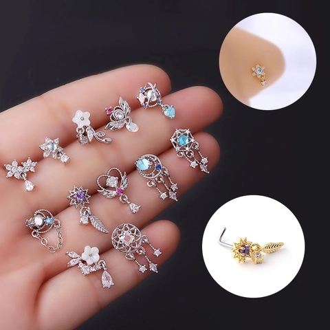 316 Stainless Steel L-Shaped Nose Stud Piercing Jewelry With Colorful Zircon Dangle Heart Star Moon Flower Pendant