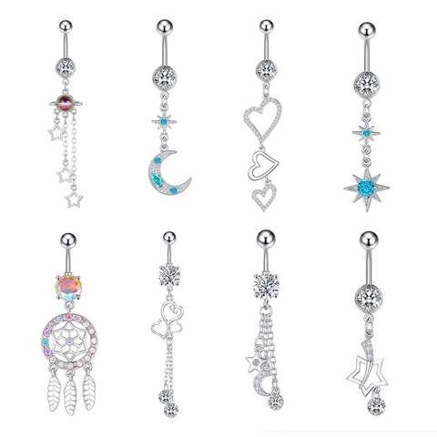 Zircon Belly Button Ring Copper Alloy Body Piercing Jewelry For Women Dangle Star Moon Heart Dreamcatcher Planet Novelty