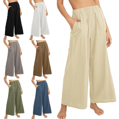 Women Wide Leg Pants Cotton Linen High Waisted Elastic Waist Casual Loose Long Trousers With Pockets