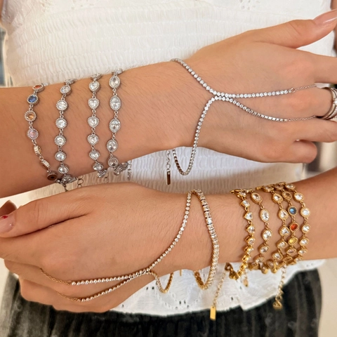 Damen Edelstahl Armband Und Ring Zirkonia Mehrlagige Finger Hand Kette Mode Trendy Glamouröses Accessoire