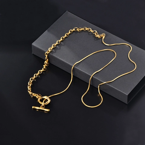 Collana In Acciaio Al Titanio Placcato Oro 18K Catena Divisa Osso Di Serpente Maglia Rotonda Chiusura OT Moda Donna