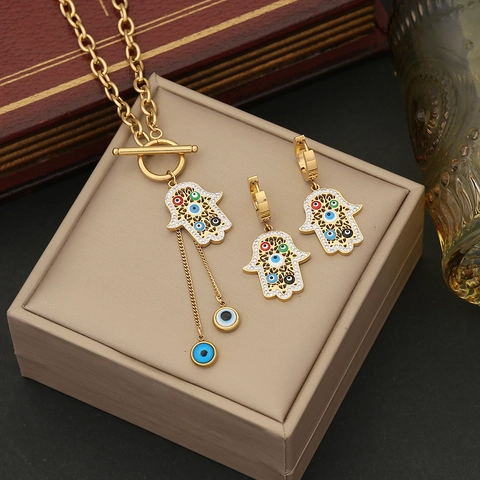 Hamsa Hand Evil Eye Collier Boucles D'oreilles Bracelet Acier Inoxydable Plaqué Or Pendentif Strass Email Exotique Femmes