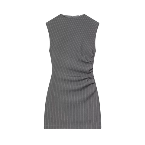 Damen Ärmelloses Nadelstreifen Minikleid Elegant Rundhals Geraffte Seite Polyester Büro Mode Dame