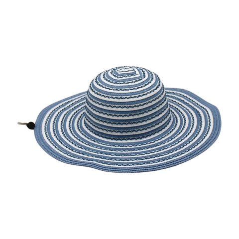 Women Wide Brim Sun Hat Foldable Striped Polyester Woven UV Protection Summer Beach Adjustable Windproof Rope Elegant