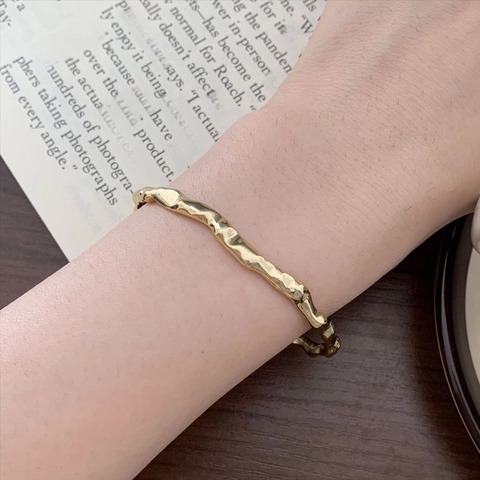 Hammered Texture Bangle 925 Sterling Silver Irregular Wave Open Adjustable Minimalist Jewelry For Women