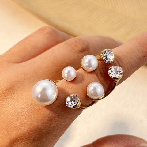 Vintage Luxury Stainless Steel Heart Open Adjustable Ring Gold Plated Artificial Pearl Rhinestone Inlaid Women Jewelry