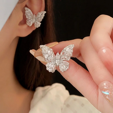 Orecchini a Bottone a Farfalla con Strass e Ear Cuffs Lega Perno in Argento Gioielli Eleganti per Donna Regalo
