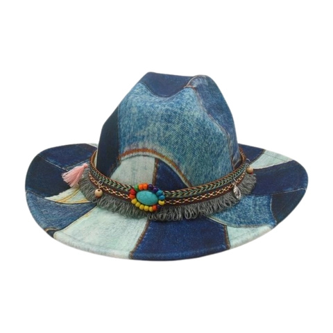 Cappello Da Cowboy In Denim Patchwork Retrò Fedora Occidentale Etnico Bohémien Con Perle Turchesi E Nappe Per Viaggi