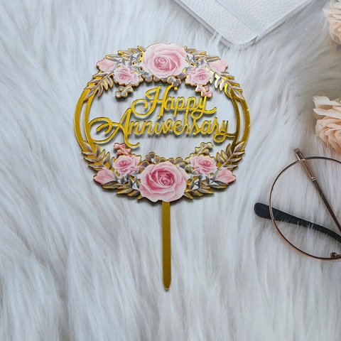 Acrylic Cake Topper Flower Butterfly Mirror Gold UV Printed Happy Birthday Anniversary Dessert Decoration Party Supplies
