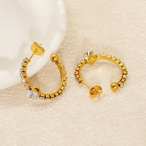 Vintage C Shaped Hoop Earrings Stainless Steel PVD 18k Gold Plated Square Zircon Inlaid Luxury Elegant Style For Women