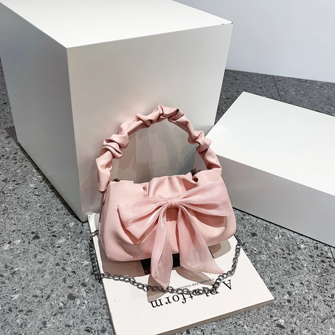 Damen Plissierte Schleife Schultertasche PU Leder Scrunchie Griff Kleine Umhängetasche Mit Silberner Kette Mode Alltags Handtasche
