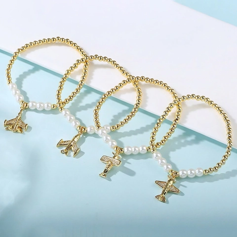 Bracciale Di Perline Con Ciondolo Aereo Künstliche Perle In Metallo Di Rame Imitazione Perla Artificial Bianca Gioielli Elastici Donne