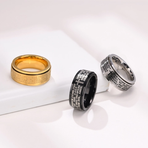 Anello Spinner Da Uomo Acciaio Inossidabile Incisione Padre Nostro Croce Religiosa Fascia Rotante Gioielli Moda