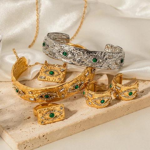 Böser Blick Halskette Ring Ohrringe Armband Edelstahl Hammerschlag Lava Textur Grüner Stein Boho Schmuck Für Damen