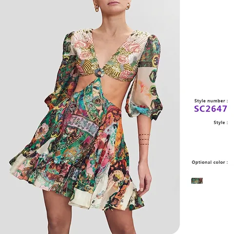 Bohemian Print Mini Dress Polyester Sequin V-Neck Lantern Sleeve Cut-out Waist Elegant Vacation Fashion For Women