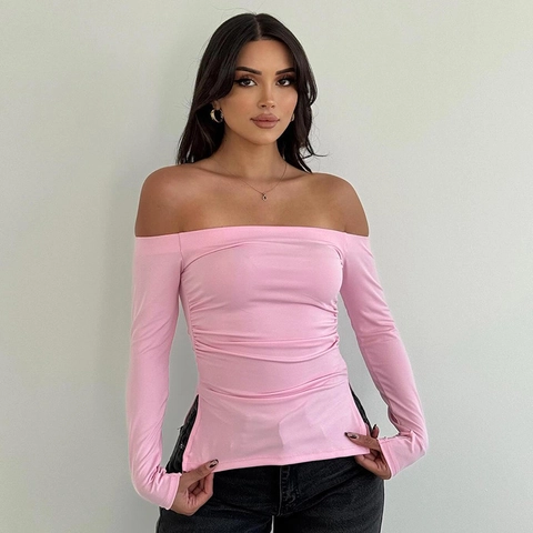 Off The Shoulder Long Sleeve Top Ruched Side Split Hem Polyester Spandex Slim Fit Casual Elegant Women Clothing