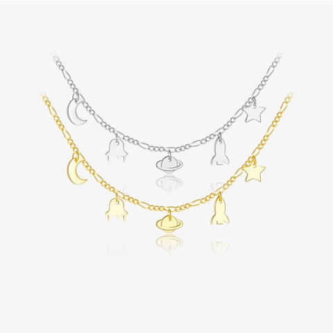 S925 Sterling Silver Space Theme Necklace Star Moon Planet Rocket UFO Multi-Pendant Figaro Chain For Women Jewelry Gift