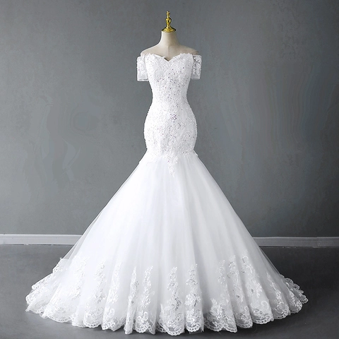 Elegante Zeemeermin Trouwjurk Off The Shoulder Kant Pailletten Wit Tule Bruidsjurk Met Lange Sleep Voor Bruid