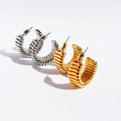 Chunky Ribbed C Hoop Earrings Gold Plated Brass With 925 Sterling Silver Earring Post Spiral Texture Geometric Style