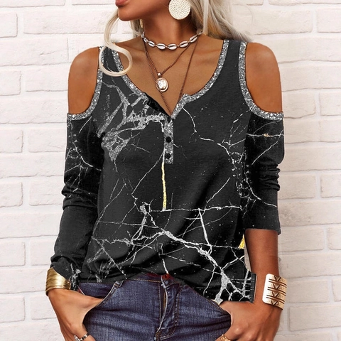 Damen Schulterfreies Langarm T-Shirt Marmordruck V-Ausschnitt Knopf Detail Lässig Locker Polyester Top Mode Streetwear