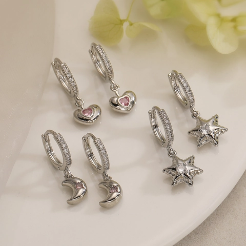 Moda Dolce Stella Luna Cuore Orecchini Pendenti Rame Placcato Oro Strass Intarsiato Orecchini a Cerchio Gioielli Versatili per Donna