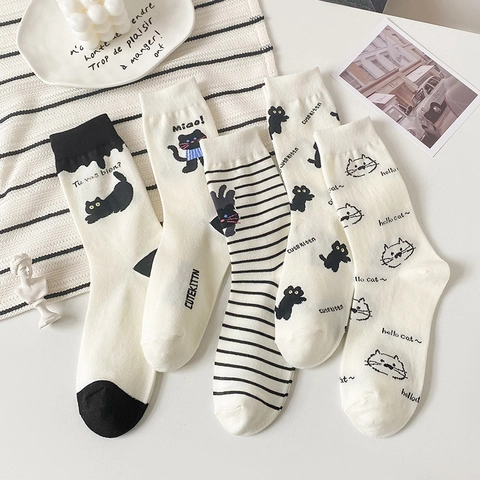 Damen Crew Socken Baumwolle Süße Cartoon Katze Muster Gestreift Lässig Süß Wadenhoch Atmungsaktiv Mode Weiß
