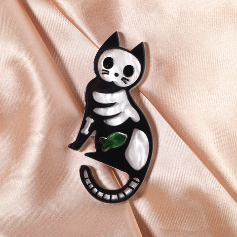 Halloween Skelett Katze Brosche Acryl Cartoon Tier Anstecknadel Mit Grüne Fisch Knochen Muster Für Kleidung Tasche Zubehör