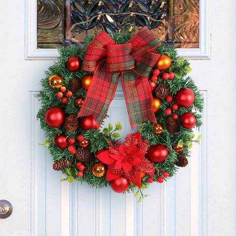 Christmas Wreath With Red Plaid Bow Pine Cones Red Gold Balls Poinsettia For Front Door Wall Window Festive Decor