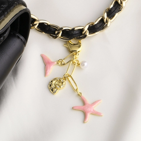 Llavero Tema Océano Estrella De Mar Cola De Pez Chapado En Oro Esmalte Circón Concha Perla Artificial Joya Bolso Mujer