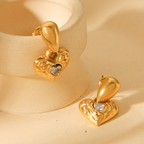 Pendientes De Gota De Corazón Acero Inoxidable Chapado En Oro De 18K Textura Martillada Circón Incrustado Joyería Elegante
