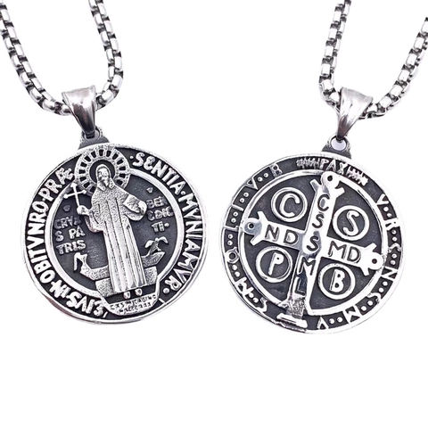 Sint Benedictus Medaille Hanger Ketting Roestvrij Staal Reliëf Ronde Munt Religieus Kruis Retro Sieraden Heren Dames
