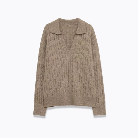 Women Cable Knit Polo Sweater V Neck Long Sleeve Drop Shoulder Solid Color Casual Pullover Khaki