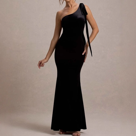 Vestito Da Sera In Velluto Monospalla Sirena Attillato Lunghezza Pavimento Con Fiocco Per Donne