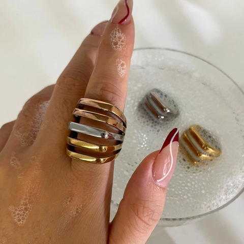 Stainless Steel Multi Layer Cutout Geometric Wide Band Ring 18K Gold Plated Polished Minimalist Jewelry For Women