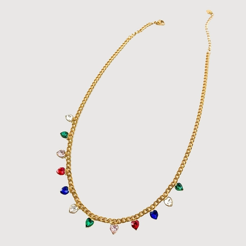 Stainless Steel Colorful Rhinestone Fringe Necklace For Women Trendy Heart Waterdrop Round Pendant Gold Plated Chain Jewelry Gift